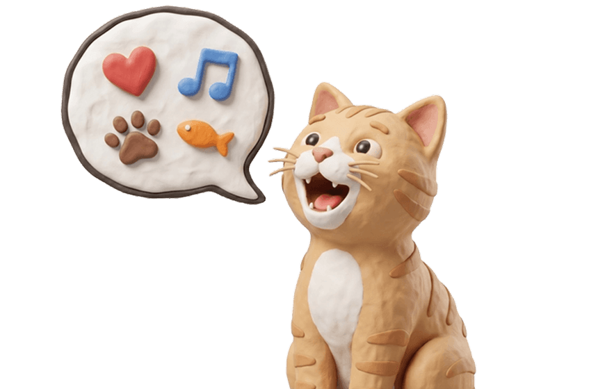 Clay cat meowing with speech bubble showing emotions