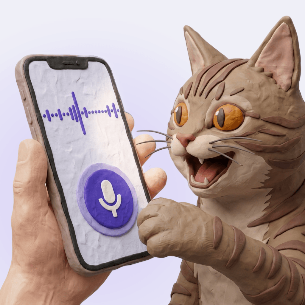 Vista previa de Cat Translator en un teléfono junto a un gato