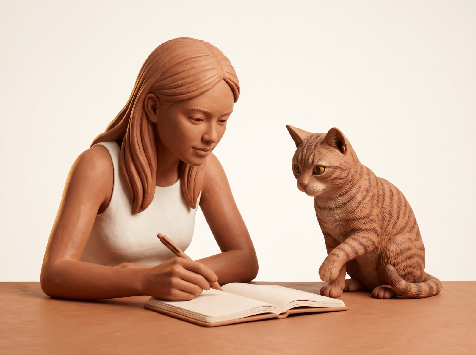 Clay woman writing in a diary at a table while her tabby cat watches attentively beside her