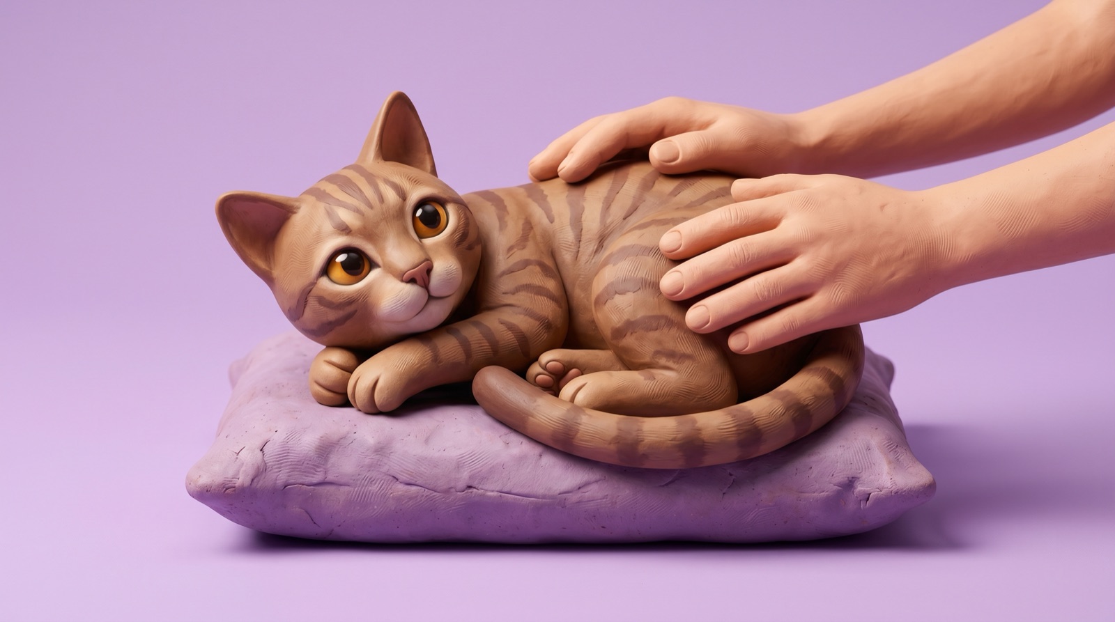 A clay cat resting on a cushion with a gentle, reassuring hand on its back