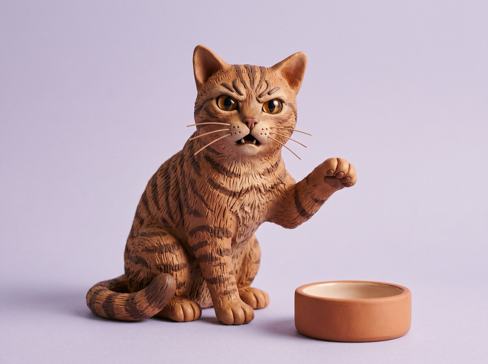 Clay cat sitting next to an empty food bowl with a theatrical expression of complaint