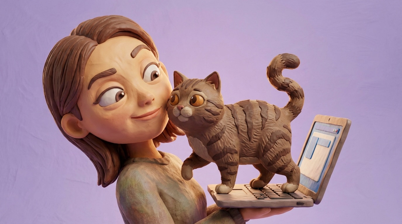 A clay cat strolling across a laptop keyboard while its owner pauses mid-type