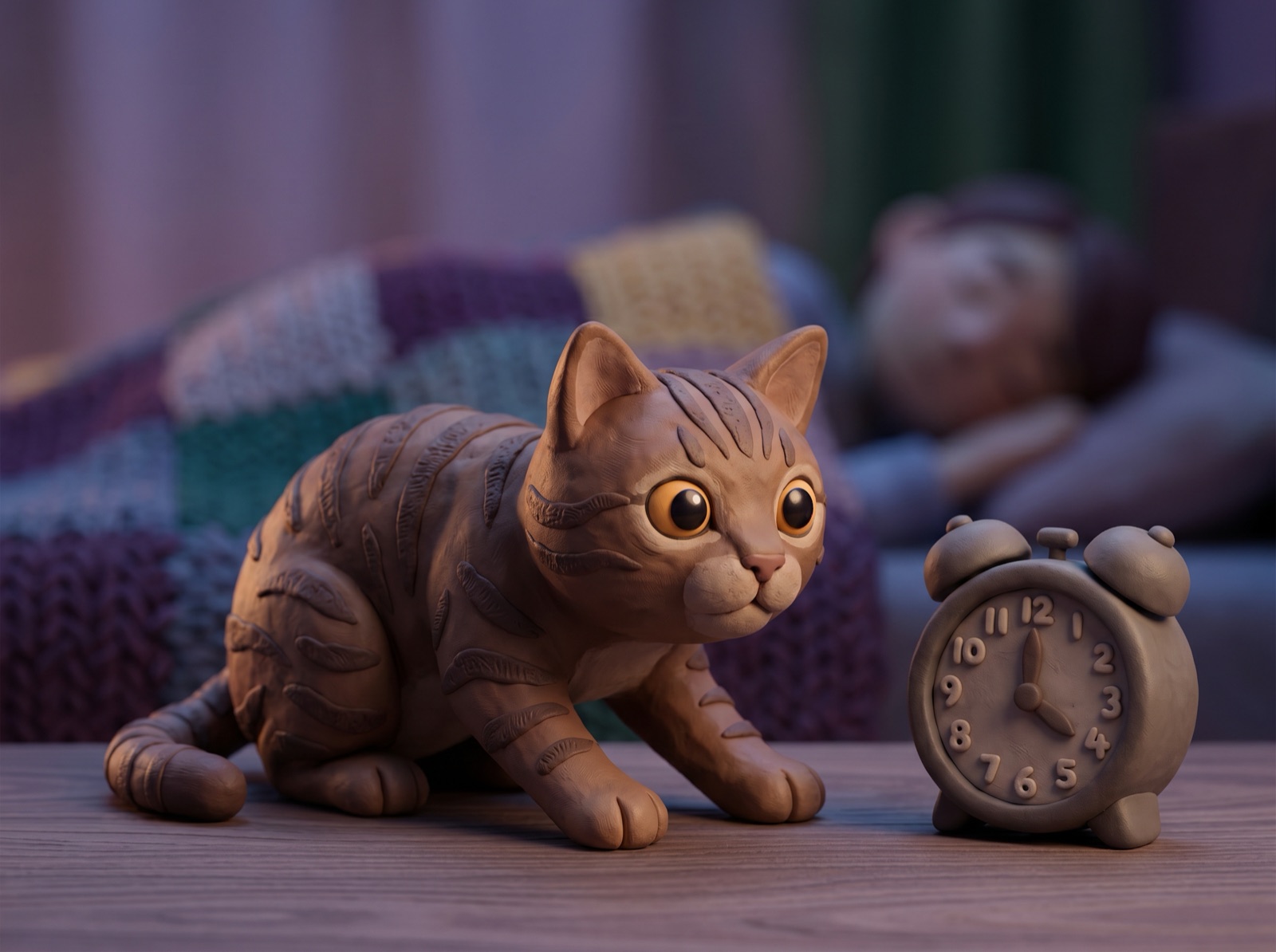 Clay cat wide awake at 4:47am next to an alarm clock, sleeping owner visible in background