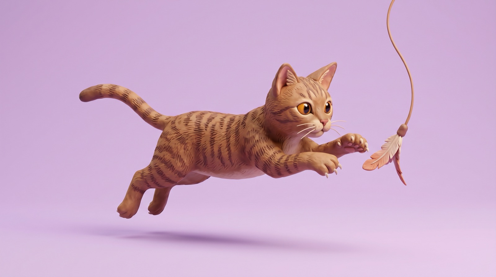 A clay cat mid-leap, chasing a feather wand toy through the air
