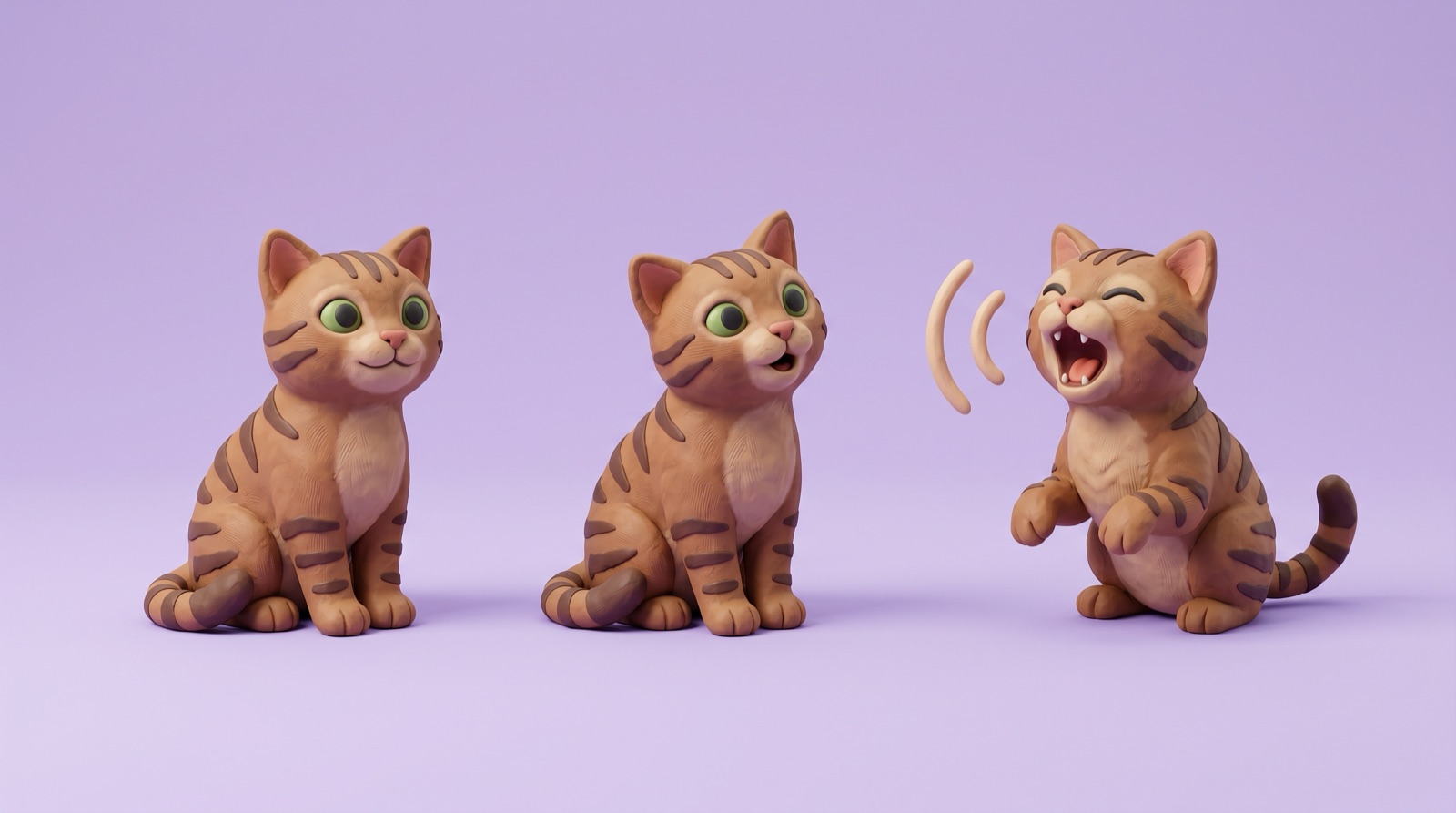 Three clay cats showing how talkative a cat can be, from silent to a full meow